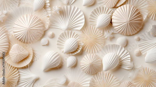 Neutral beige and white seashells pattern background