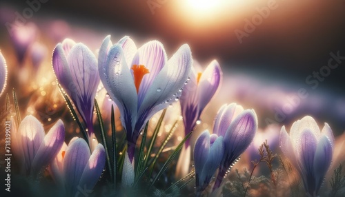 Ethereal Spring Crocus Flowers at Sunrise, Nature Awakening Concept