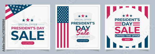 President’s day promotional square backgrounds for advertising and social media. Set of sale event cards for shopping and business. Collection of vector templates with text and patriotic symbols. photo