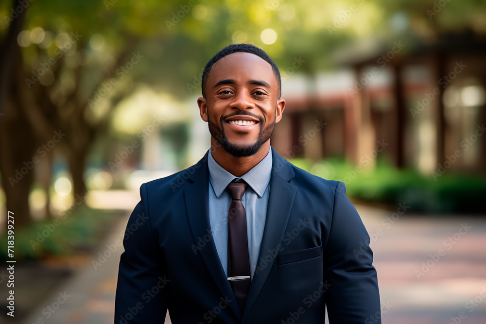 Portrait of an attractive african american man in a suit outdoors. Generative Ai. Portrait of an attractive african american man in a suit outdoors. Generative Ai.