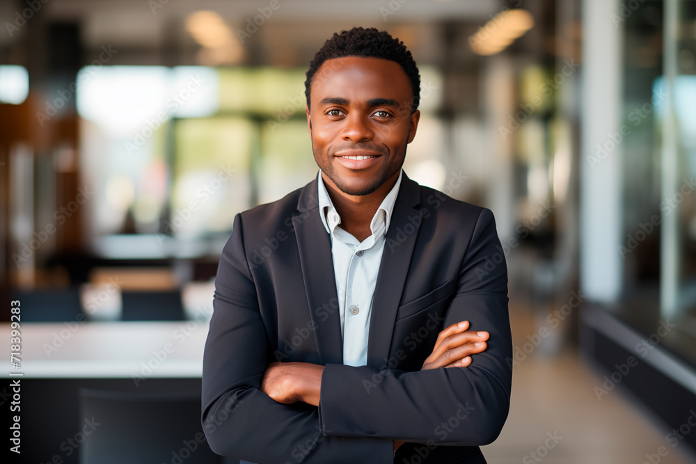 Portrait of an attractive african american man in a suit in the office. office background. Generative Ai. Portrait of an attractive african american man in a suit in the office. office background. Generative Ai.
