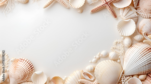 Neutral beige and white background with a pattern of seashells with an empty space in the center