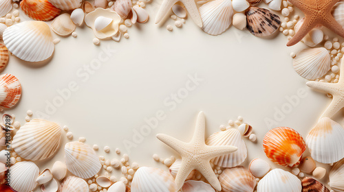 Neutral beige and white background with a pattern of seashells with an empty space in the center © Jula Isaeva 