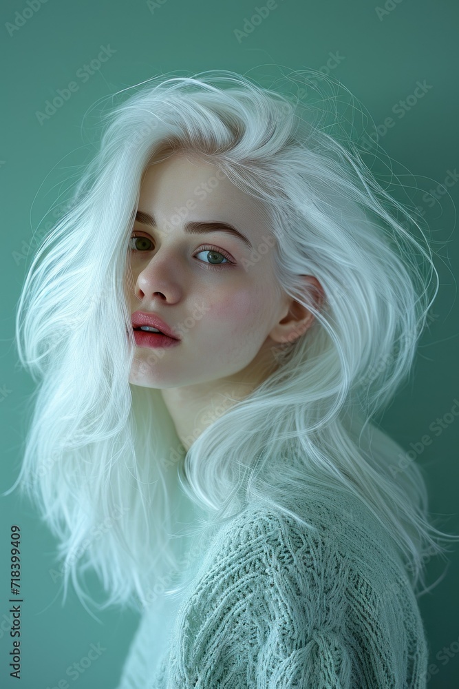 Portrait of a Ethereal Young Woman with White Wavy Hair. Generative AI. Portrait of a Ethereal Young Woman with White Wavy Hair. Generative AI.
