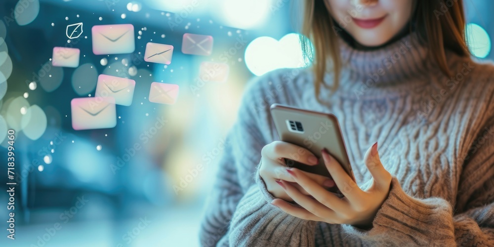 Fototapeta premium Young woman holding a smartphone with e-mail icons flying around