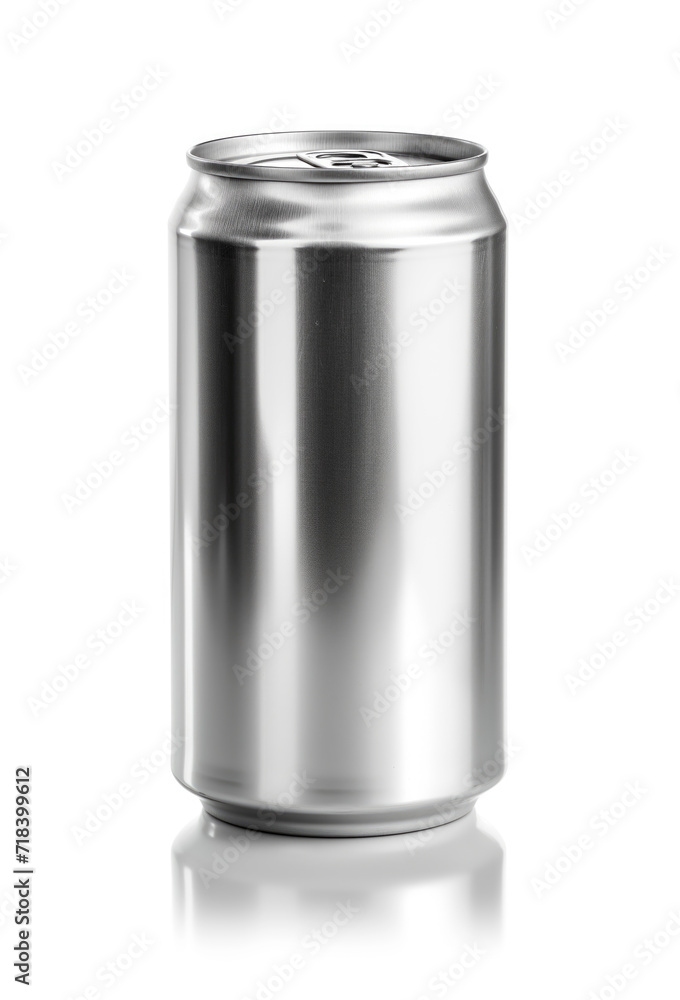 A pristine, blank aluminum can stands isolated against a white background, showcasing its metallic texture and reflective surface. Ideal for product mockups or branding templates. A pristine, blank aluminum can stands isolated against a white background, showcasing its metallic texture and reflective surface. Ideal for product mockups or branding templates.