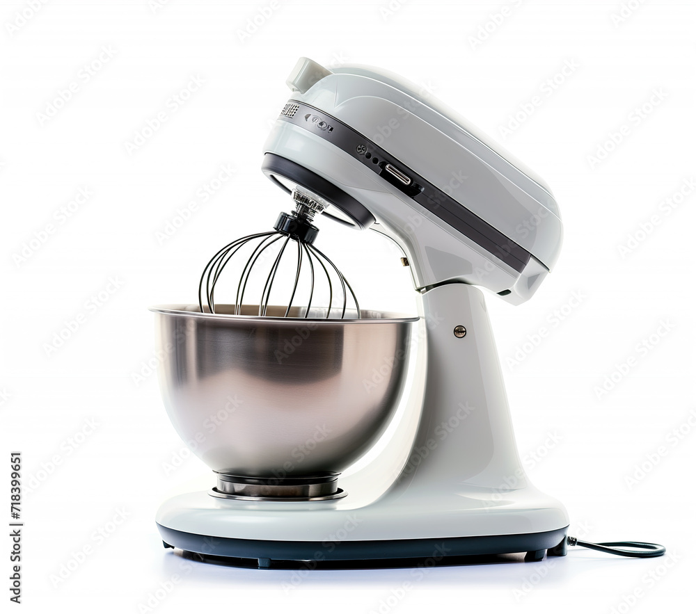 A sleek, modern kitchen mixer with a stainless steel bowl and a white base, isolated on a white background. A sleek, modern kitchen mixer with a stainless steel bowl and a white base, isolated on a white background.