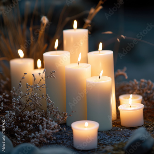 Experience the serene and tranquil ambiance of lit candles among the natural elements, creating a peaceful and calming atmosphere.