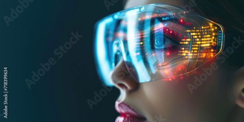 Young woman wearing modern shape glasses surfing a VR world