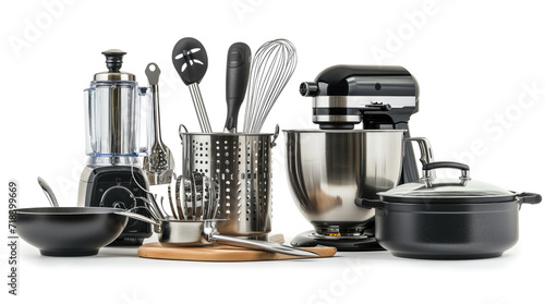 A collection of modern kitchen utensils and appliances, including a mixer, blender, and cookware, isolated on a white background.