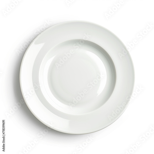 A top view of a clean, white ceramic plate that is simple and elegant, perfect for showcasing your culinary creations.