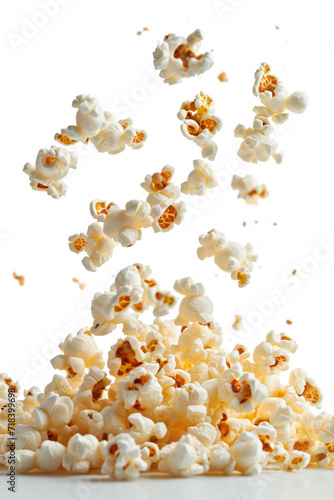 A dynamic image capturing popcorn kernels mid-air, creating a sense of motion and excitement, perfect for cinema or snack themes.