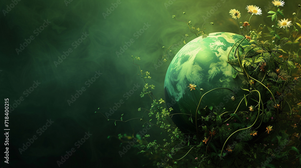 An artistic representation of the planet wrapped in lush vines and flowers, green Planet, dynamic and dramatic compositions, with copy space An artistic representation of the planet wrapped in lush vines and flowers, green Planet, dynamic and dramatic compositions, with copy space