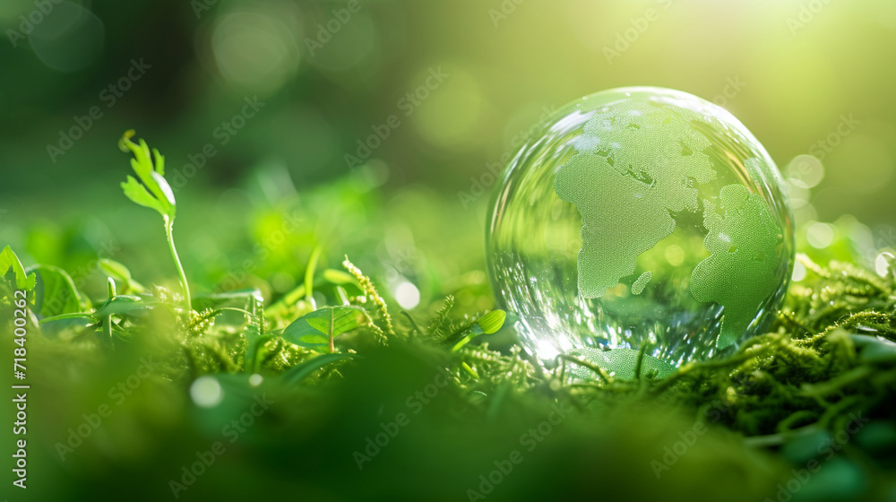 A globe encased in a bubble, symbolizing protection and sustainability, against a green backdrop, green Planet, dynamic and dramatic compositions, with copy space A globe encased in a bubble, symbolizing protection and sustainability, against a green backdrop, green Planet, dynamic and dramatic compositions, with copy space