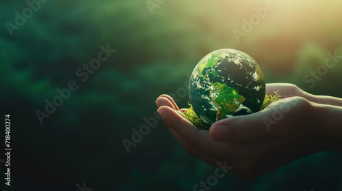 A concept of hands nurturing a small, green Earth, symbolizing care and conservation, green Planet, dynamic and dramatic compositions, with copy space