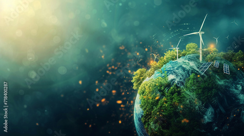 A digital rendering of Earth with green energy symbols like wind turbines and solar panels, green Planet, dynamic and dramatic compositions, with copy space photo