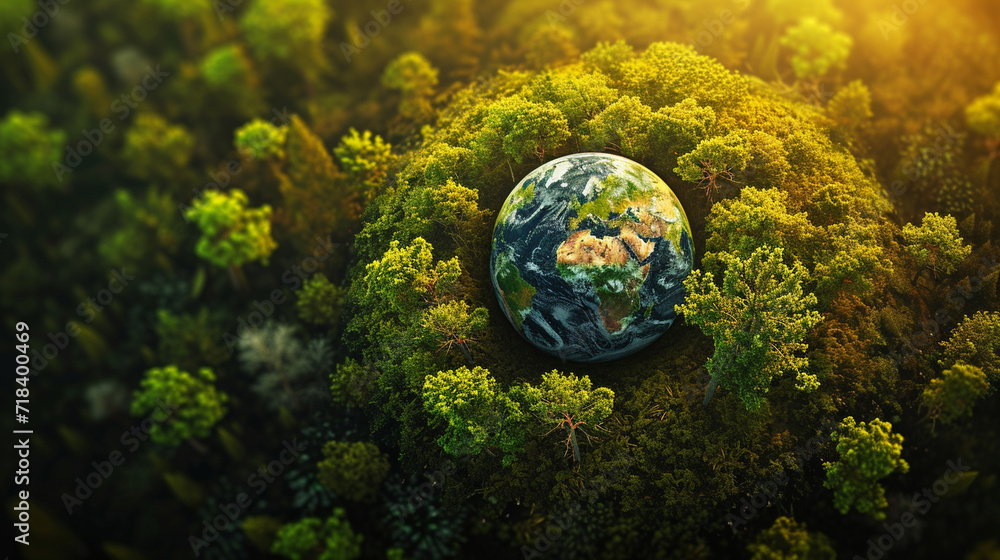 A globe surrounded by a ring of trees and natural elements, forming a harmonious circle, green Planet, dynamic and dramatic compositions, with copy space A globe surrounded by a ring of trees and natural elements, forming a harmonious circle, green Planet, dynamic and dramatic compositions, with copy space
