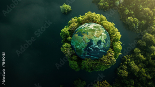 A globe surrounded by a ring of trees and natural elements  forming a harmonious circle  green Planet  dynamic and dramatic compositions  with copy space