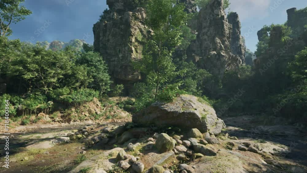 A majestic rock formation standing tall amidst the lush greenery of an Australian forest A majestic rock formation standing tall amidst the lush greenery of an Australian forest