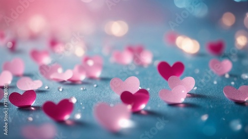Light blue bokeh valentine background, Abstract background with pink hearts bokeh, Valentine's Day Wallpaper © Tayyab