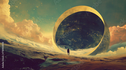 Man Entering a Portal in Space Heavenly Vintage Muted Tones Collage photo