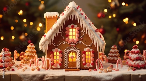  a gingerbread house decorated with icing, candy, and candy canes on a table in front of a christmas tree.