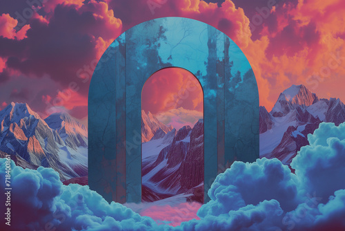 Archway Among the Clouds in a Mountain Landscape Sunset Twilight Collage Iridescent photo