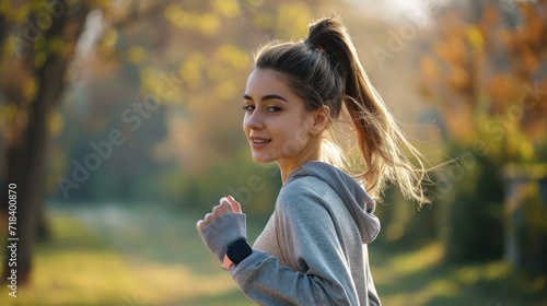 beautiful girl with a ponytail in sportswear and a sweatshirt on a morning jog in the park, healthy lifestyle, young woman running, street, city, sport, workout © Julia Zarubina