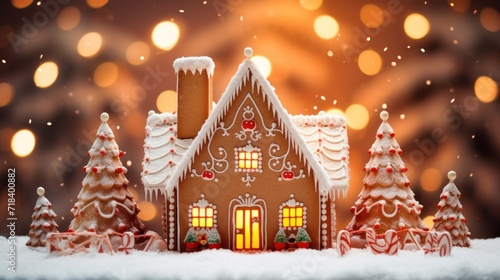  a close up of a gingerbread house on a table with lights in the background and snow on the ground.