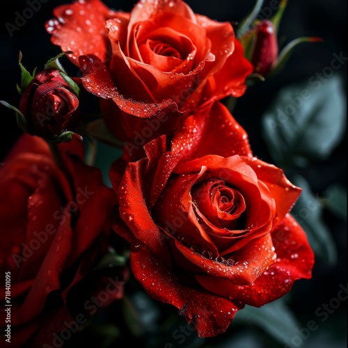 Three Red Roses With Water Droplets