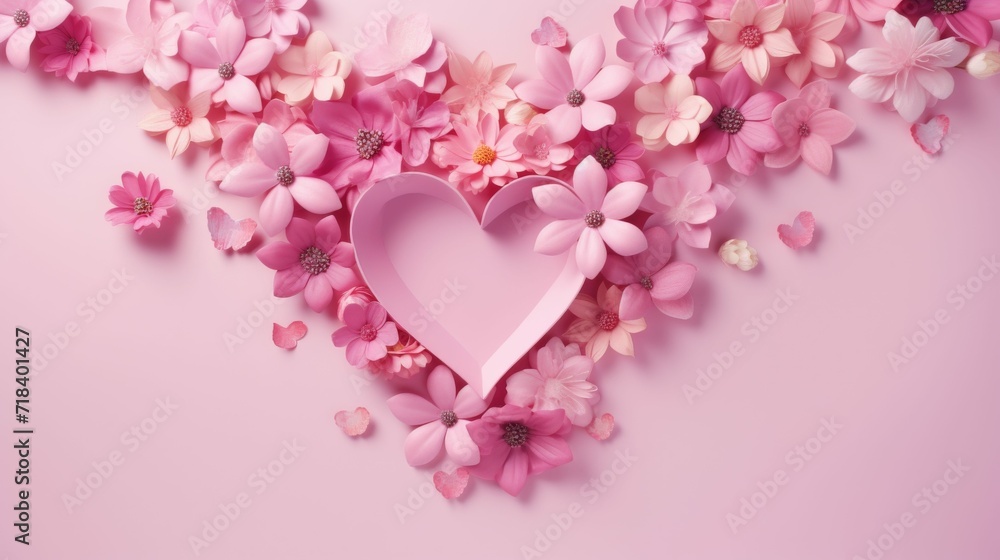 Pink Heart Surrounded by Flowers on Pink Background