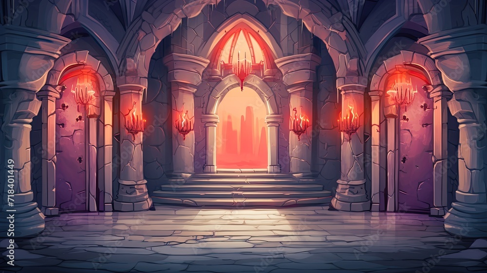 cartoon illustration Medieval castle corridor with torches and doors with bars.