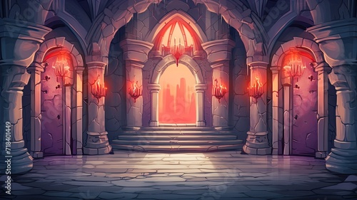 cartoon illustration Medieval castle corridor with torches and doors with bars.