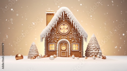  a christmas scene with a gingerbread house with a clock on the front of it and snow on the ground.