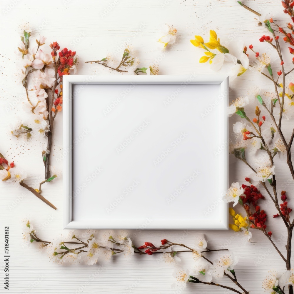 White Frame Among Flowers and Branches