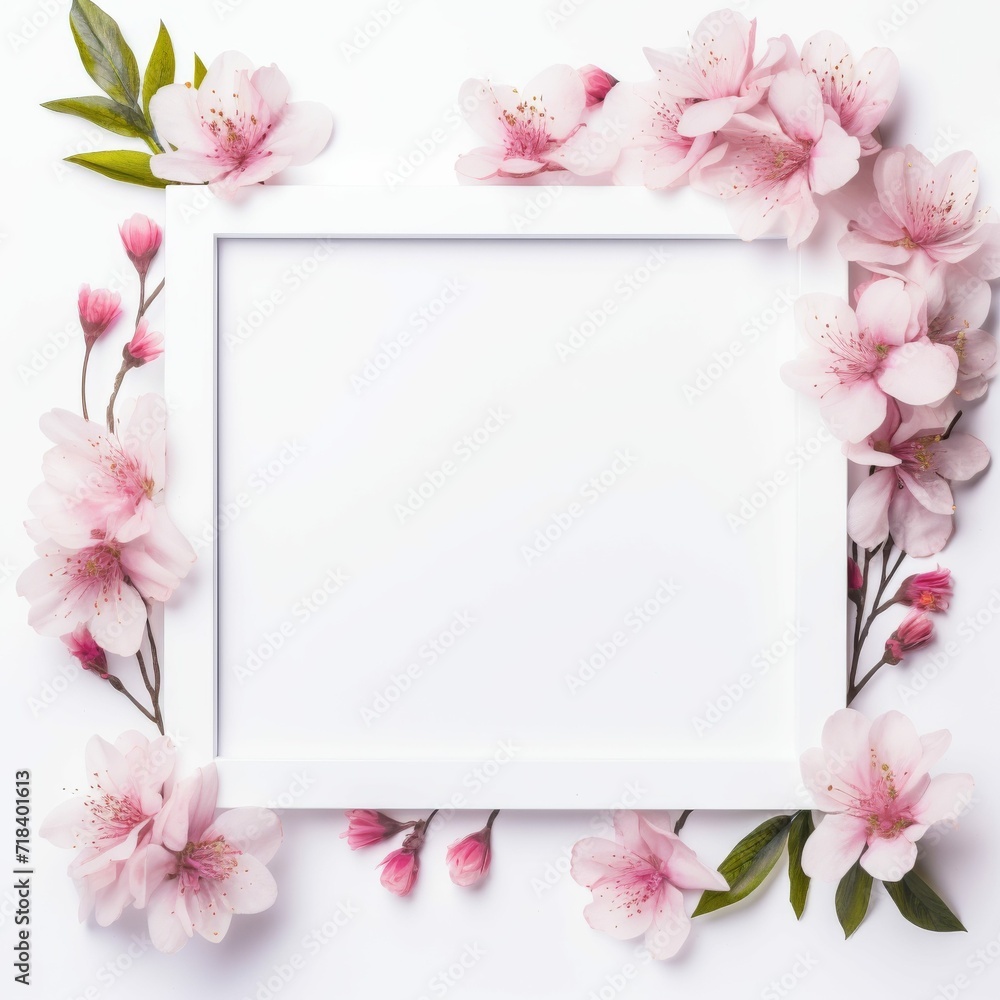Pink Flowers in White Square Frame on White Background Pink Flowers in White Square Frame on White Background
