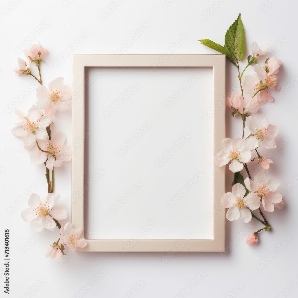 White Frame With Flowers on White Background