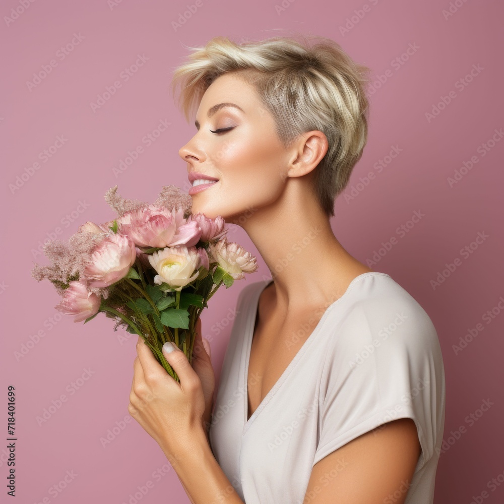 Woman Holding Bouquet of Flowers