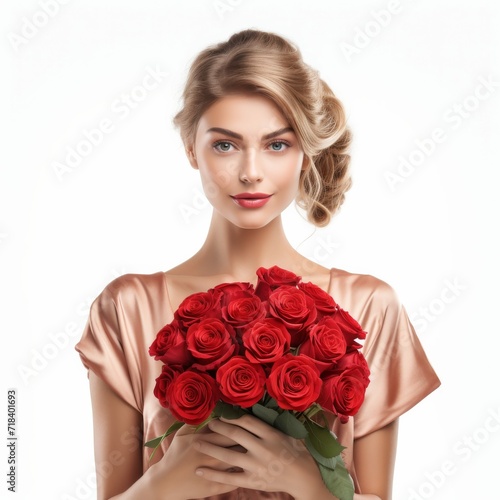 Woman Holding Bouquet of Red Roses