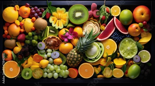  a bunch of different types of fruit are arranged in a black box with a black border around the top of the picture. © Olga