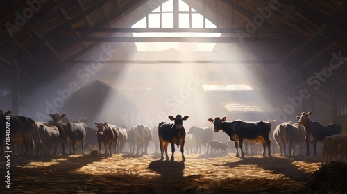  a group of cows standing in a barn with beams of light coming through the roof and a person standing in front of them.