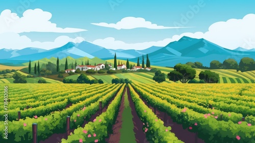 cartoon Rolling vineyards, wineries, and picturesque countryside.