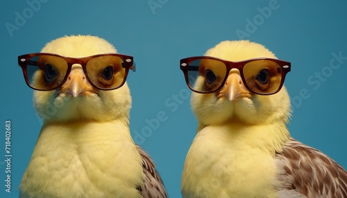 cute and funny two chicks wearing glasses. The background is solid blue color. The creative and funny image can be used in advertising, card decoration or social media to attract attention.