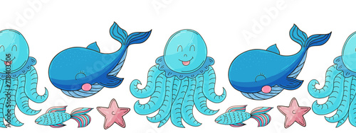 Marine seamless border. Children's fairy-tale drawing