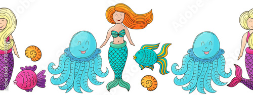 Marine seamless border. Children's fairy-tale drawing