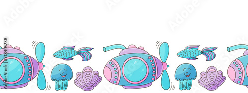 Marine seamless border. Children's fairy-tale drawing