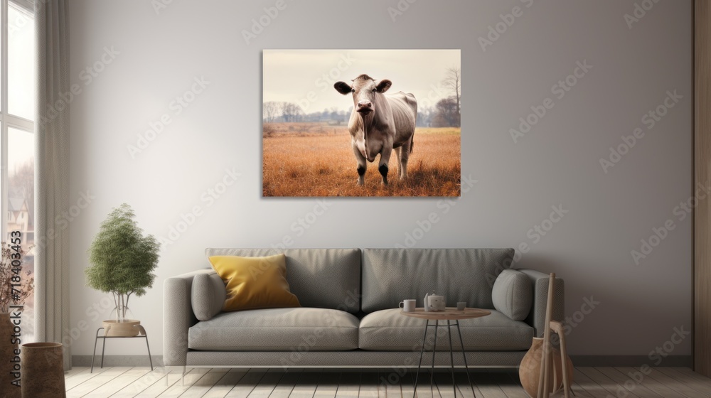  a living room with a couch and a painting on the wall of a cow in the middle of the room. - obrazy, fototapety, plakaty 