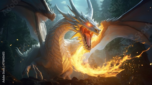 Fantasy white fire dragon. Neural network AI generated art © mehaniq41