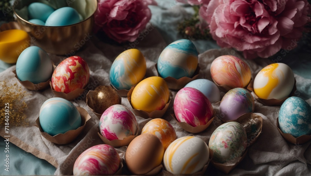 Pastel Easter Eggs in Carton with Spring Blooms Pastel Easter Eggs in Carton with Spring Blooms