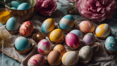 Pastel Easter Eggs in Carton with Spring Blooms